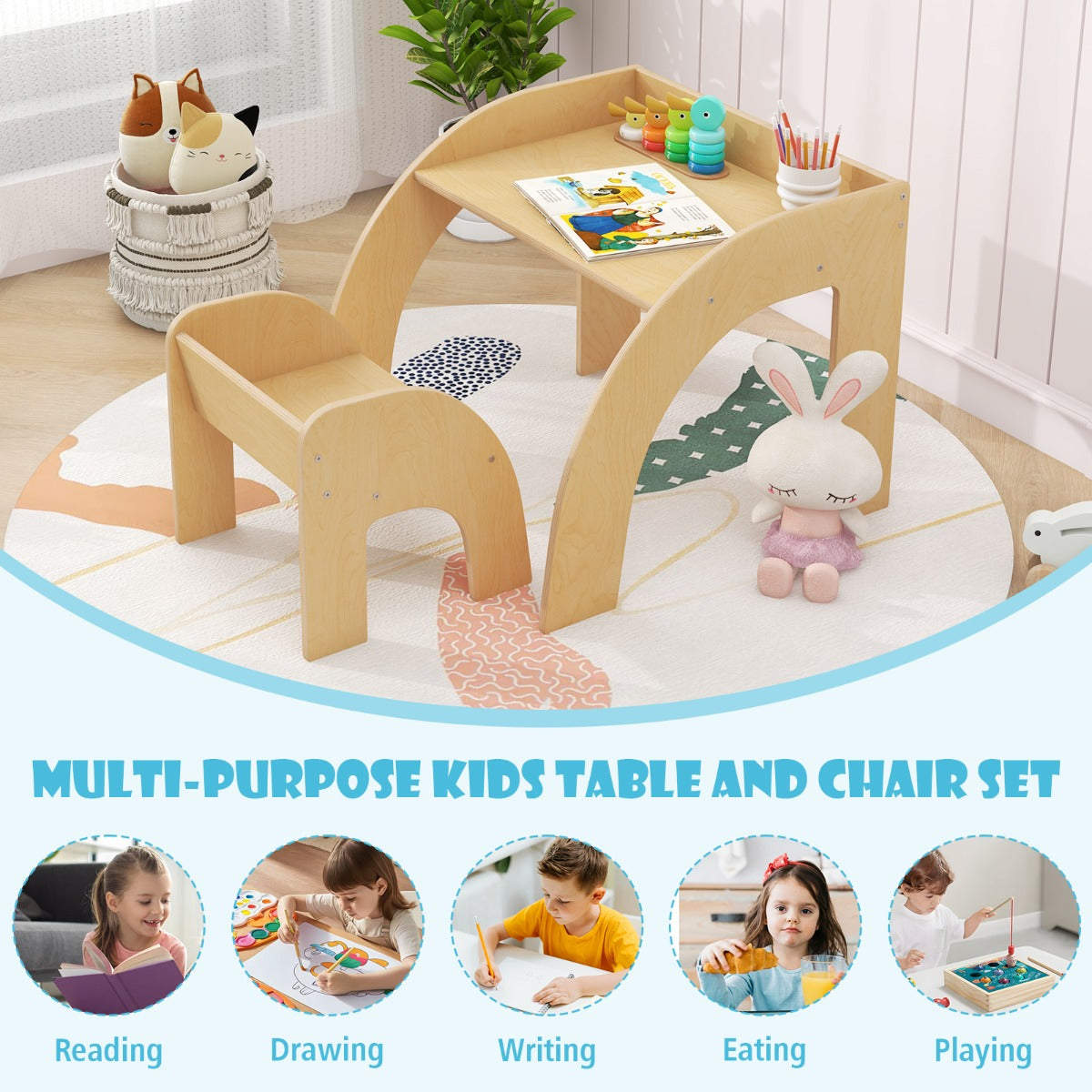 Cute Activity Kids Table and Chair Set with Wide Tabletop-Natural