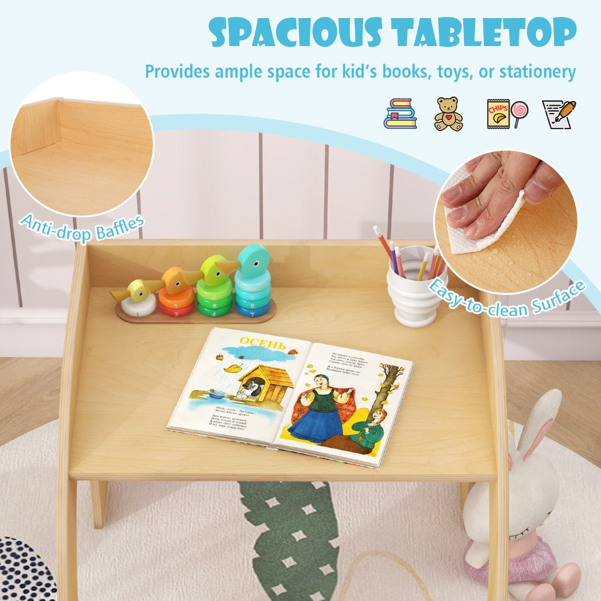 Cute Activity Kids Table and Chair Set with Wide Tabletop-Natural