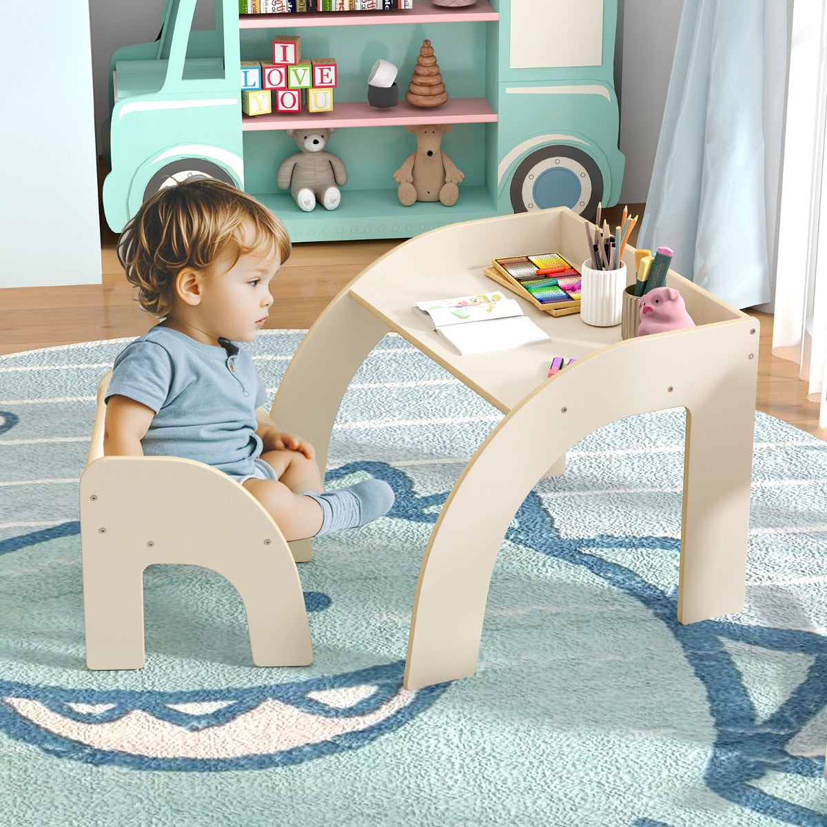 Cute Activity Kids Table and Chair Set with Wide Tabletop-White