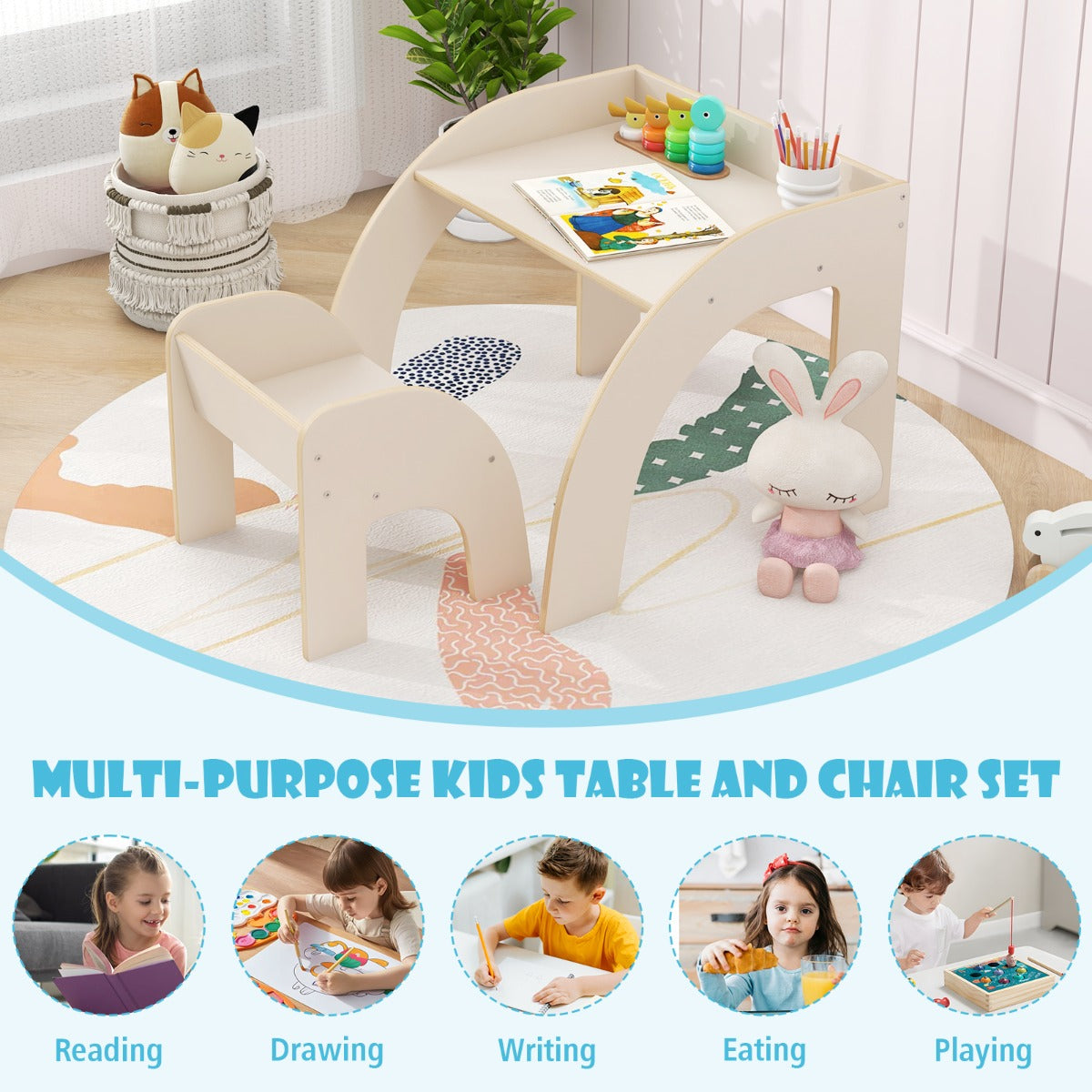 Cute Activity Kids Table and Chair Set with Wide Tabletop-White