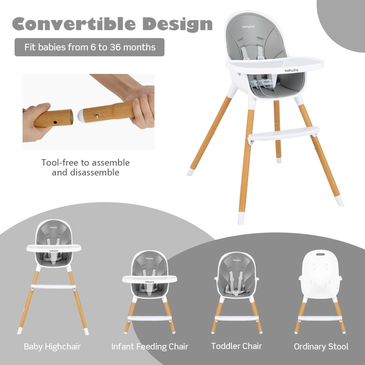 Costway 4-in-1 Infant Chair with Detachable 3-Position Tray-Grey