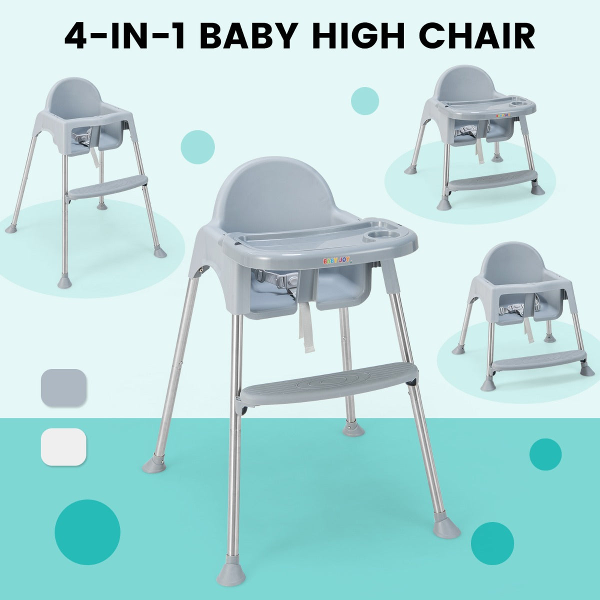 4-in-1 Convertible Baby High Chair with Removable Double Tray-Grey