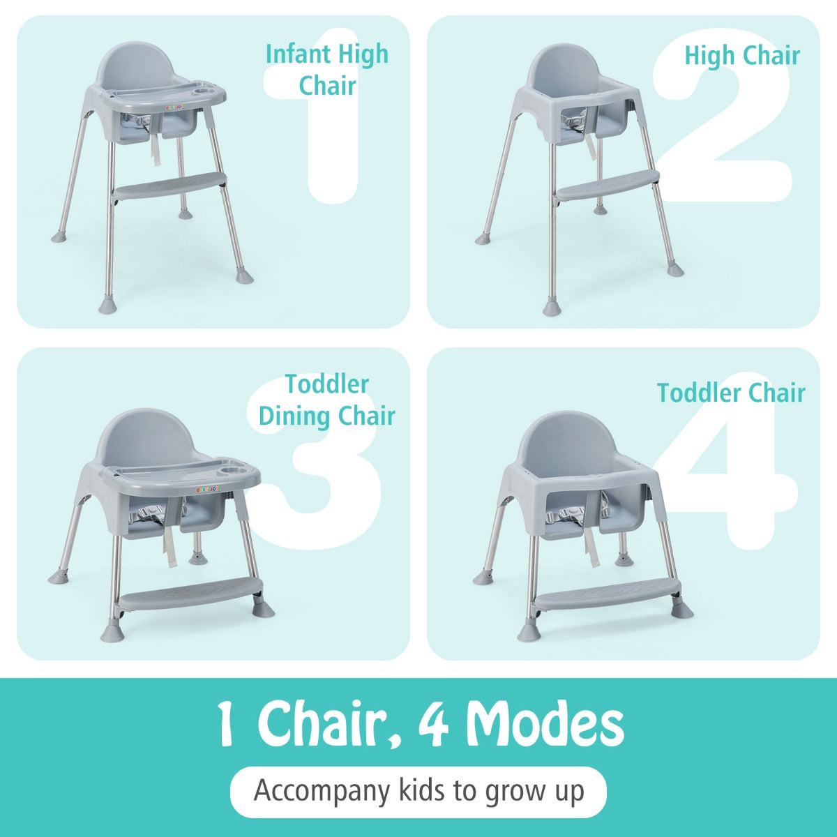 4-in-1 Convertible Baby High Chair with Removable Double Tray-Grey