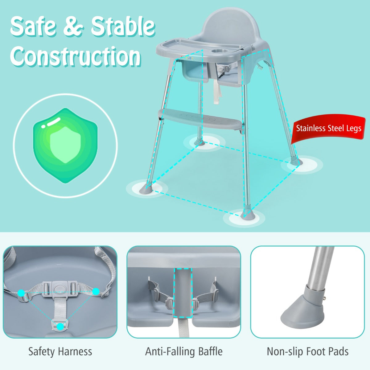 4-in-1 Convertible Baby High Chair with Removable Double Tray-Grey