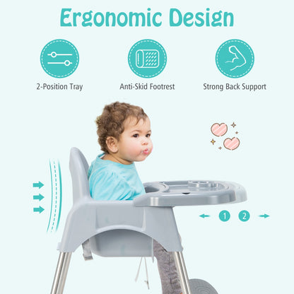4-in-1 Convertible Baby High Chair with Removable Double Tray-Grey