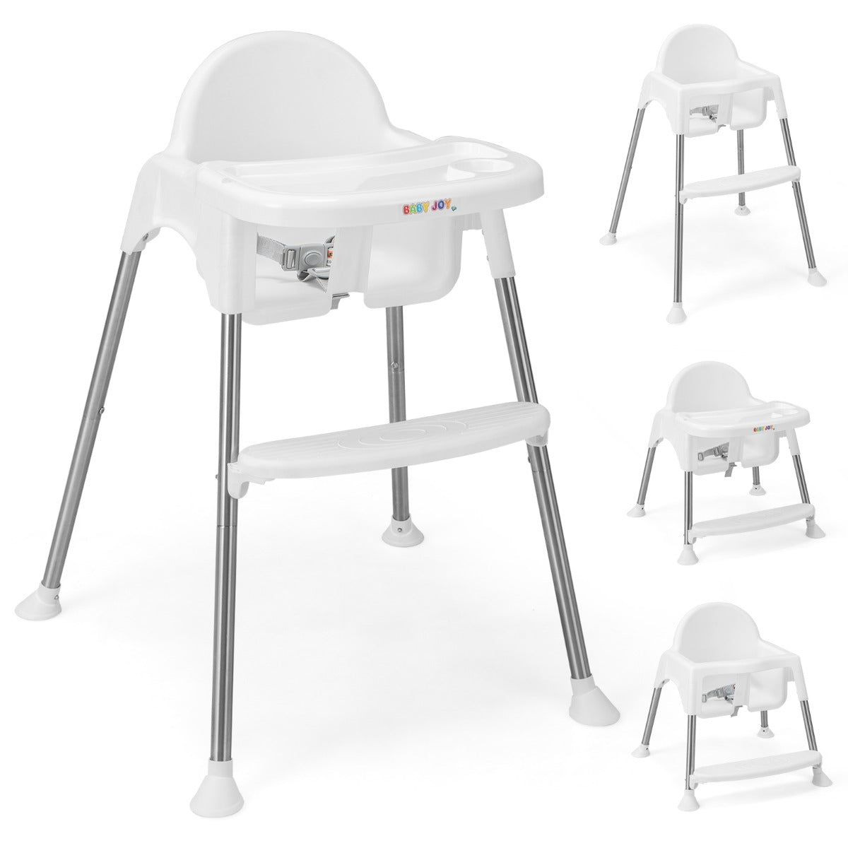 4-in-1 Convertible Baby High Chair with Removable Double Tray-White