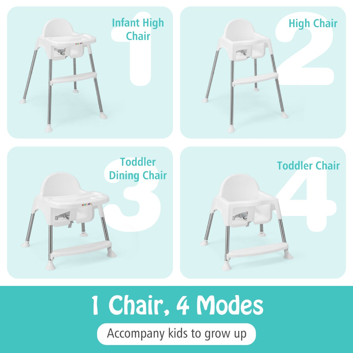 4-in-1 Convertible Baby High Chair with Removable Double Tray-White