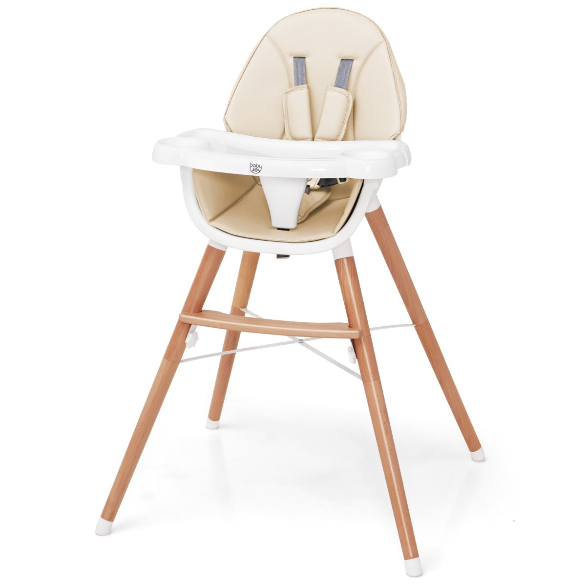 Wooden High Chair with Double 4-Gear Tray for Babies-Beige