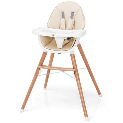 Wooden High Chair with Double 4-Gear Tray for Babies-Beige