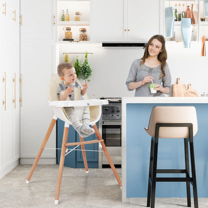Wooden High Chair with Double 4-Gear Tray for Babies-Beige