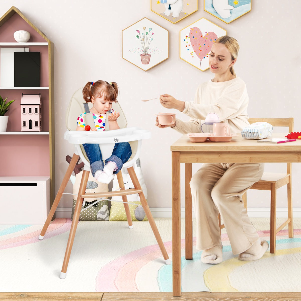 Wooden High Chair with Double 4-Gear Tray for Babies-Beige