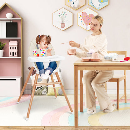 Wooden High Chair with Double 4-Gear Tray for Babies-Beige