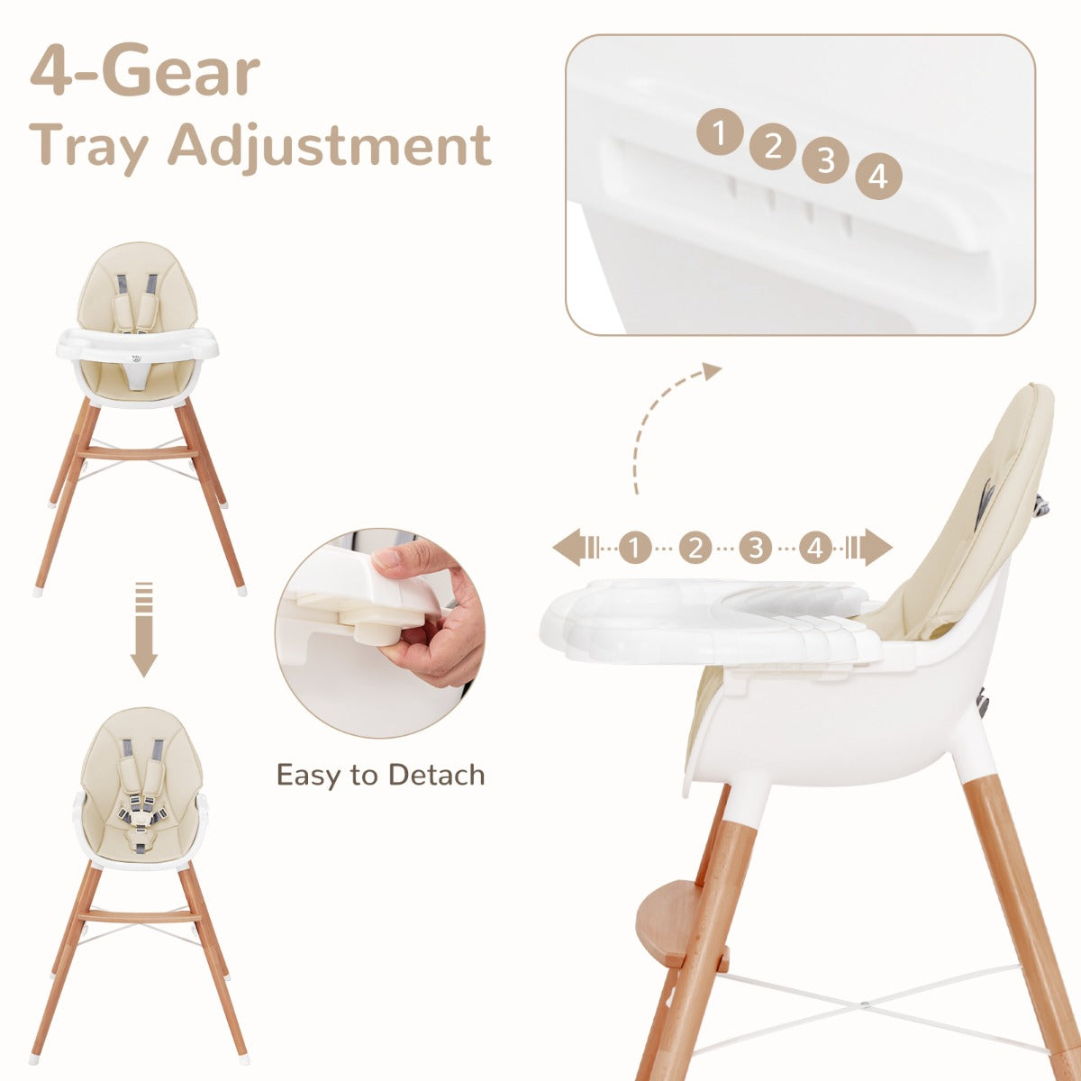 Wooden High Chair with Double 4-Gear Tray for Babies-Beige