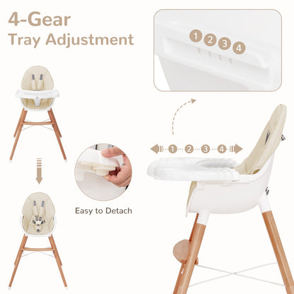 Wooden High Chair with Double 4-Gear Tray for Babies-Beige