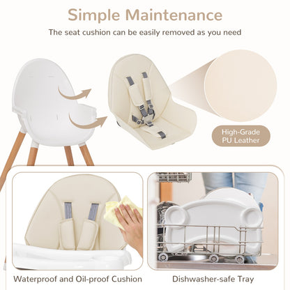 Wooden High Chair with Double 4-Gear Tray for Babies-Beige