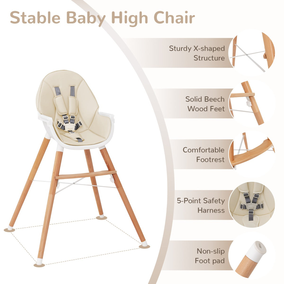 Wooden High Chair with Double 4-Gear Tray for Babies-Beige