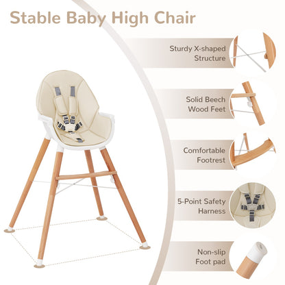 Wooden High Chair with Double 4-Gear Tray for Babies-Beige