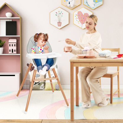 Wooden High Chair with Double 4-Gear Tray for Babies-Grey