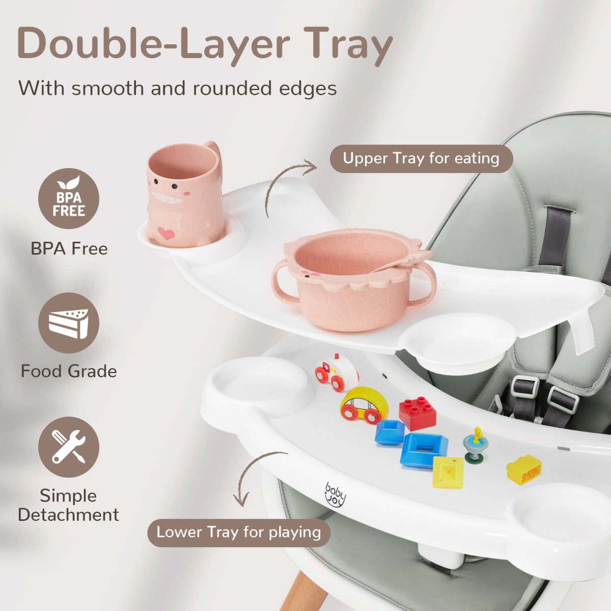 Wooden High Chair with Double 4-Gear Tray for Babies-Grey