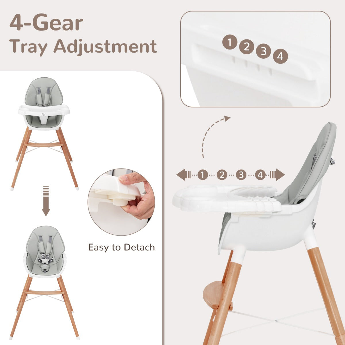 Wooden High Chair with Double 4-Gear Tray for Babies-Grey