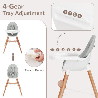 Wooden High Chair with Double 4-Gear Tray for Babies-Grey
