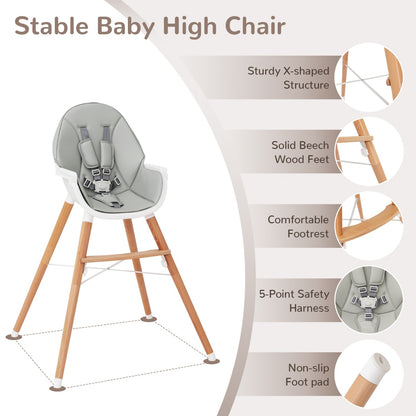Wooden High Chair with Double 4-Gear Tray for Babies-Grey