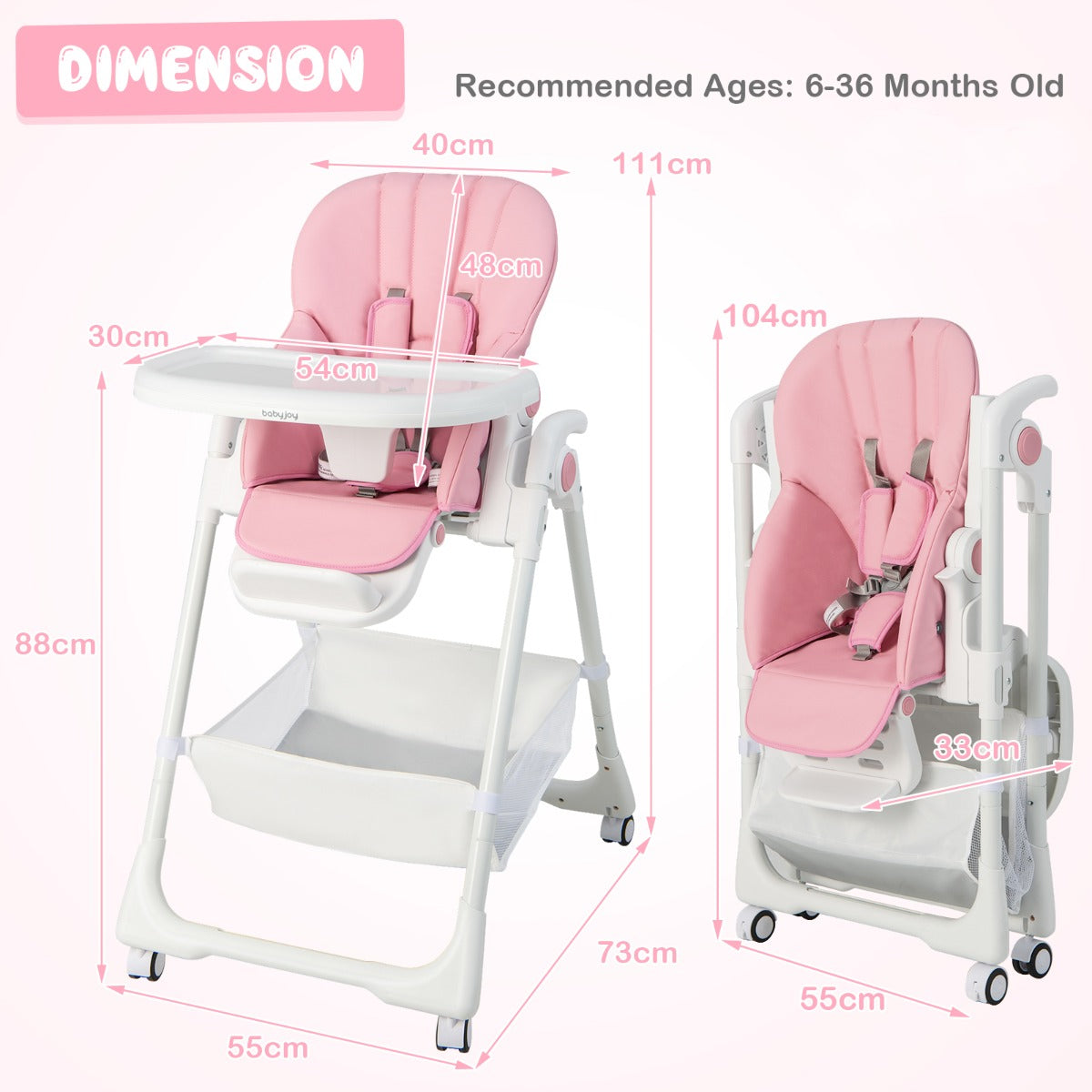 Convertible Infant Dining Chair with 7 Height for Babies and Toddlers-Pink