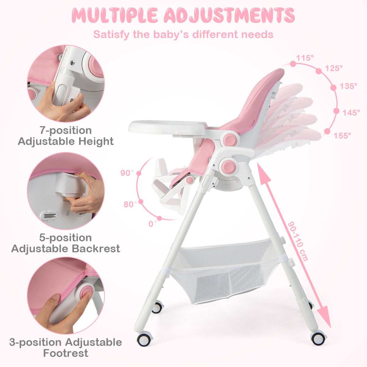 Convertible Infant Dining Chair with 7 Height for Babies and Toddlers-Pink