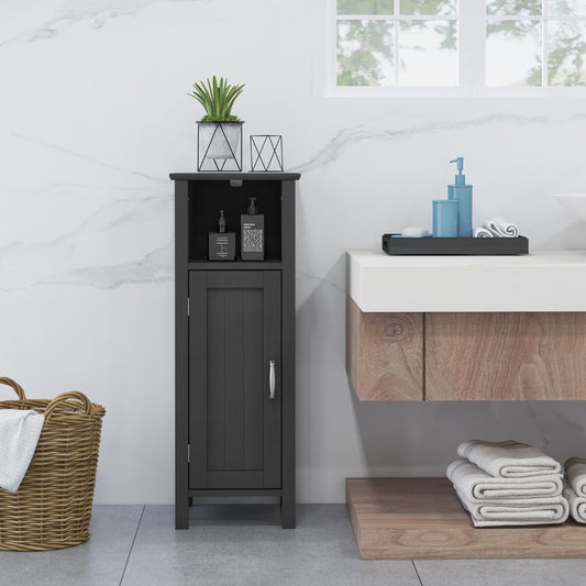 Costway Adjustable Floor Storage Cabinet with Single Door for Bathroom-Black