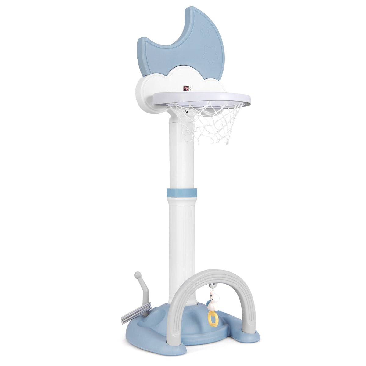 Adjustable Height Kids Sports Center with Moon-shaped Electronic Scoreboard Ring Toss-Blue