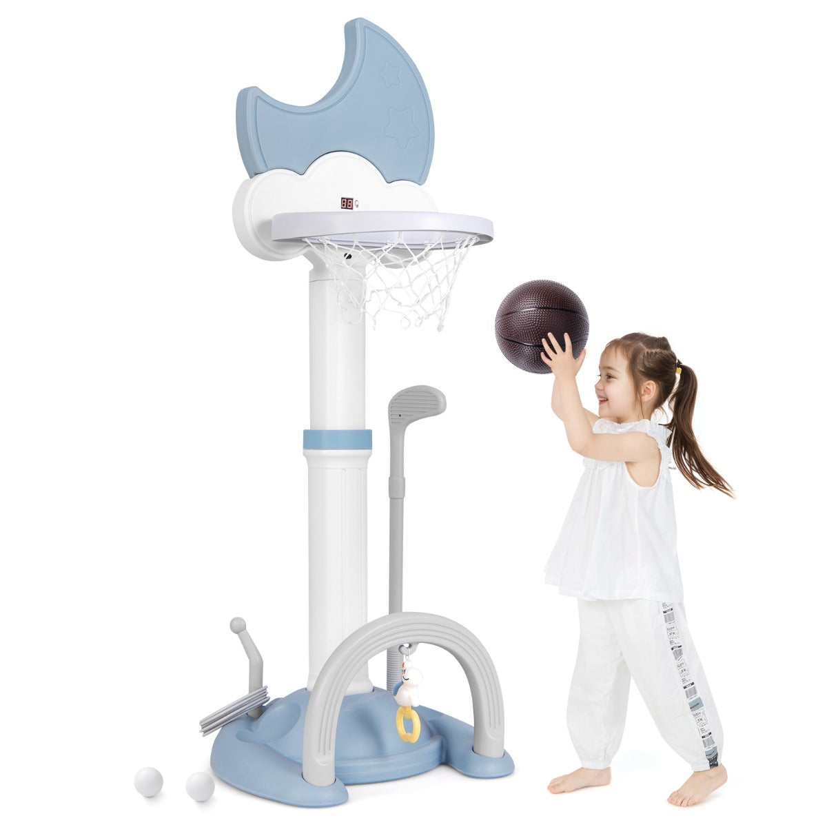 Adjustable Height Kids Sports Center with Moon-shaped Electronic Scoreboard Ring Toss-Blue