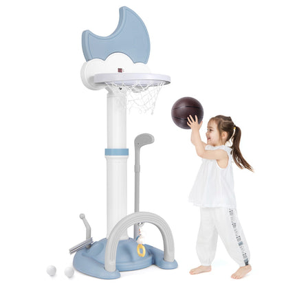 Adjustable Height Kids Sports Center with Moon-shaped Electronic Scoreboard Ring Toss-Blue