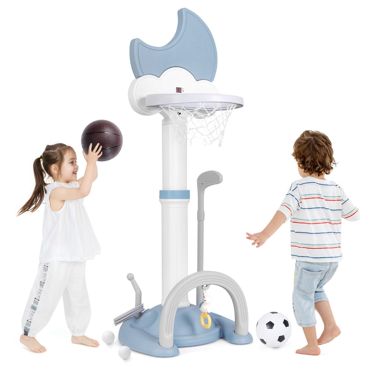 Adjustable Height Kids Sports Center with Moon-shaped Electronic Scoreboard Ring Toss-Blue
