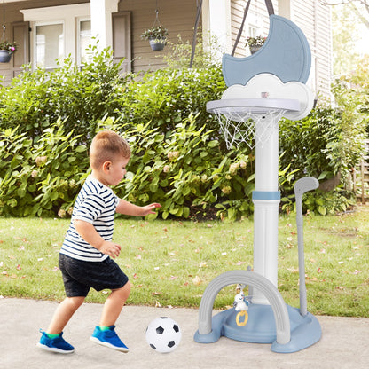 Adjustable Height Kids Sports Center with Moon-shaped Electronic Scoreboard Ring Toss-Blue