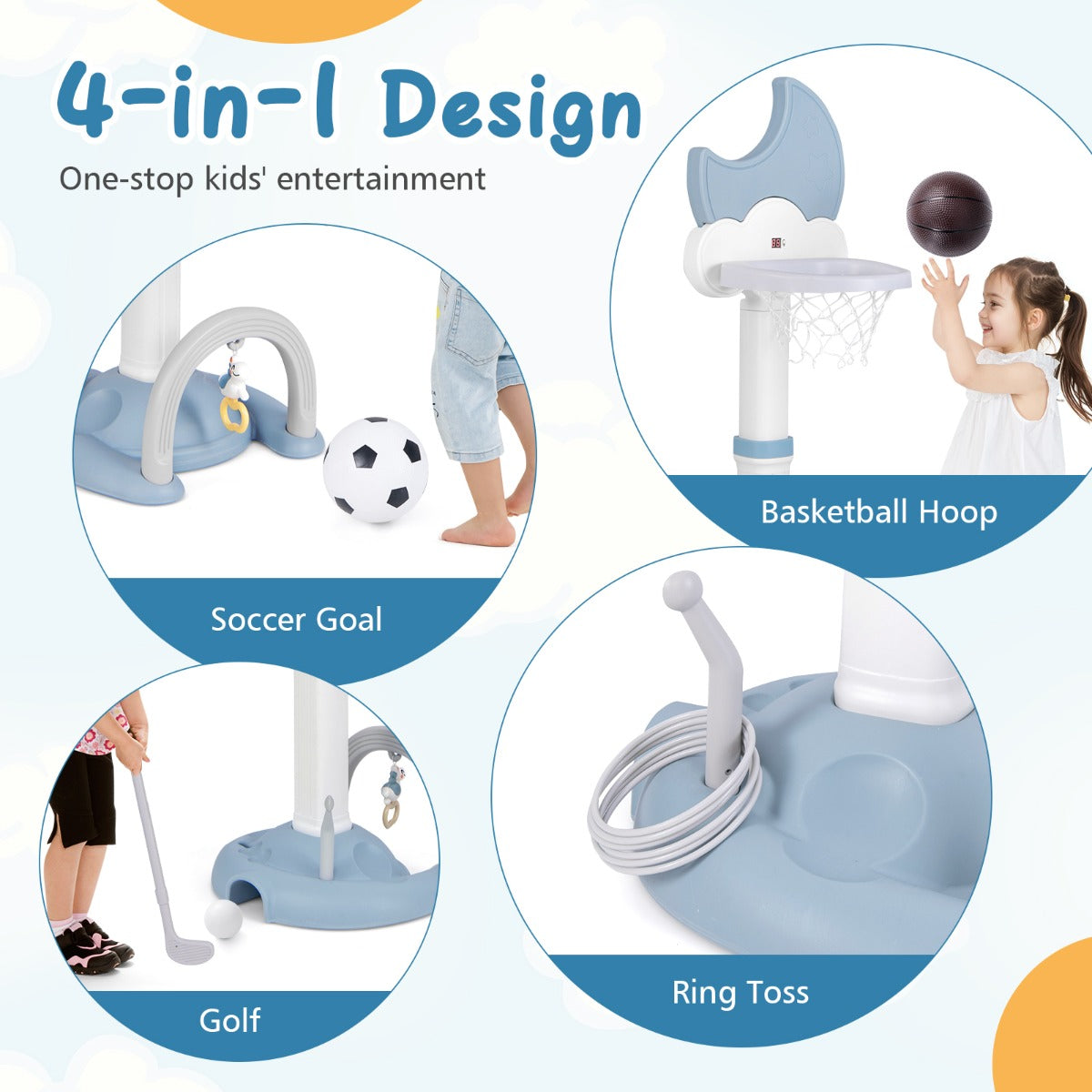 Adjustable Height Kids Sports Center with Moon-shaped Electronic Scoreboard Ring Toss-Blue
