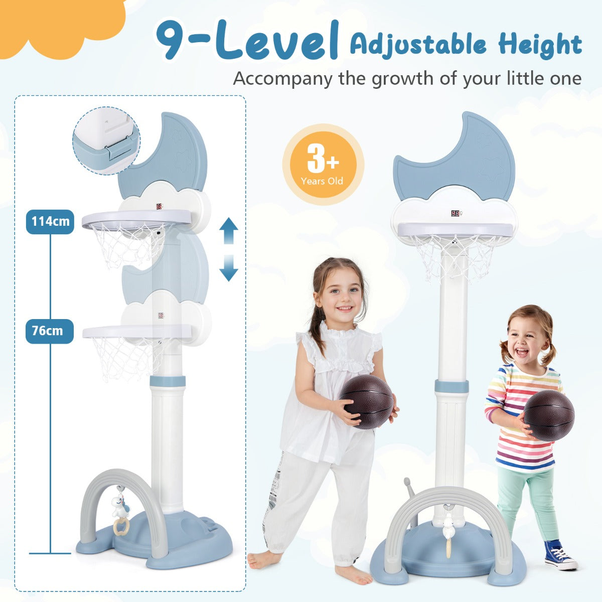Adjustable Height Kids Sports Center with Moon-shaped Electronic Scoreboard Ring Toss-Blue