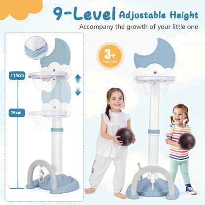 Adjustable Height Kids Sports Center with Moon-shaped Electronic Scoreboard Ring Toss-Blue