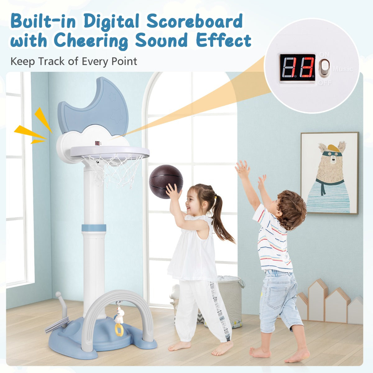 Adjustable Height Kids Sports Center with Moon-shaped Electronic Scoreboard Ring Toss-Blue