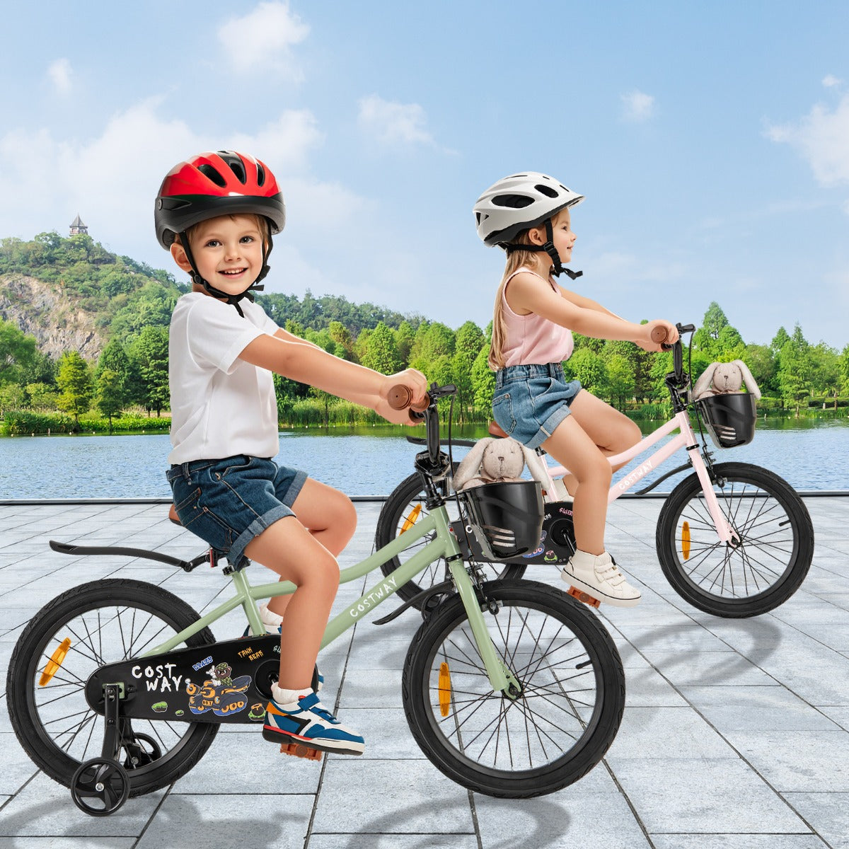 36 cm &amp; 40 cm &amp; 46 cm Adjustable Kids Bike with Training Wheels-Green-18 inches