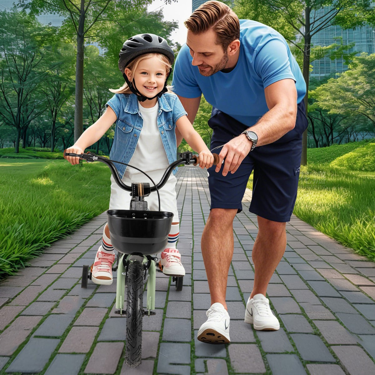 36 cm &amp; 40 cm &amp; 46 cm Adjustable Kids Bike with Training Wheels-Green-18 inches