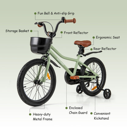 36 cm &amp; 40 cm &amp; 46 cm Adjustable Kids Bike with Training Wheels-Green-18 inches