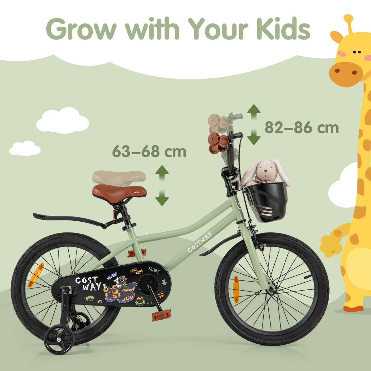 36 cm &amp; 40 cm &amp; 46 cm Adjustable Kids Bike with Training Wheels-Green-18 inches