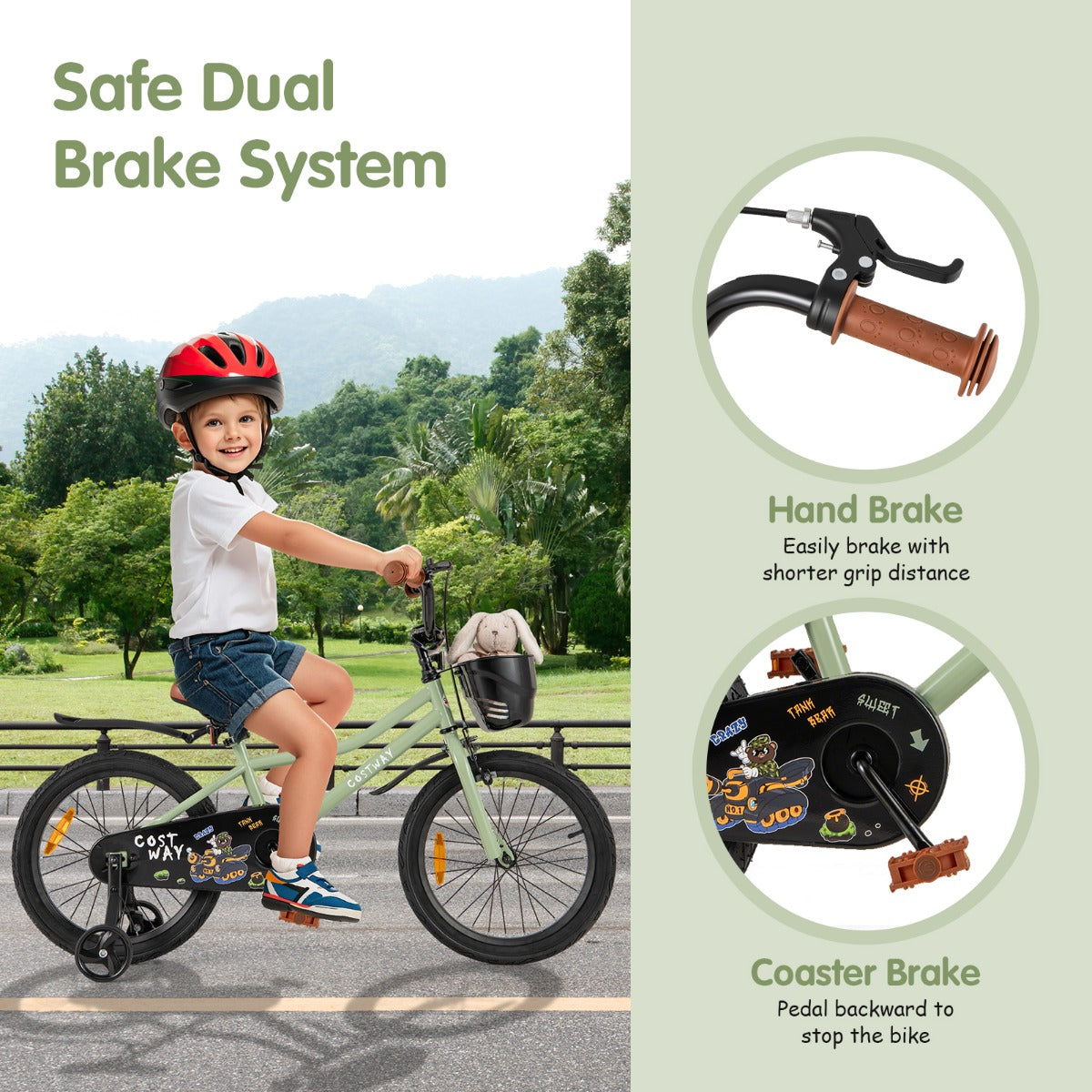 36 cm &amp; 40 cm &amp; 46 cm Adjustable Kids Bike with Training Wheels-Green-18 inches