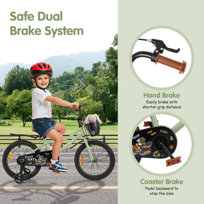 36 cm &amp; 40 cm &amp; 46 cm Adjustable Kids Bike with Training Wheels-Green-18 inches