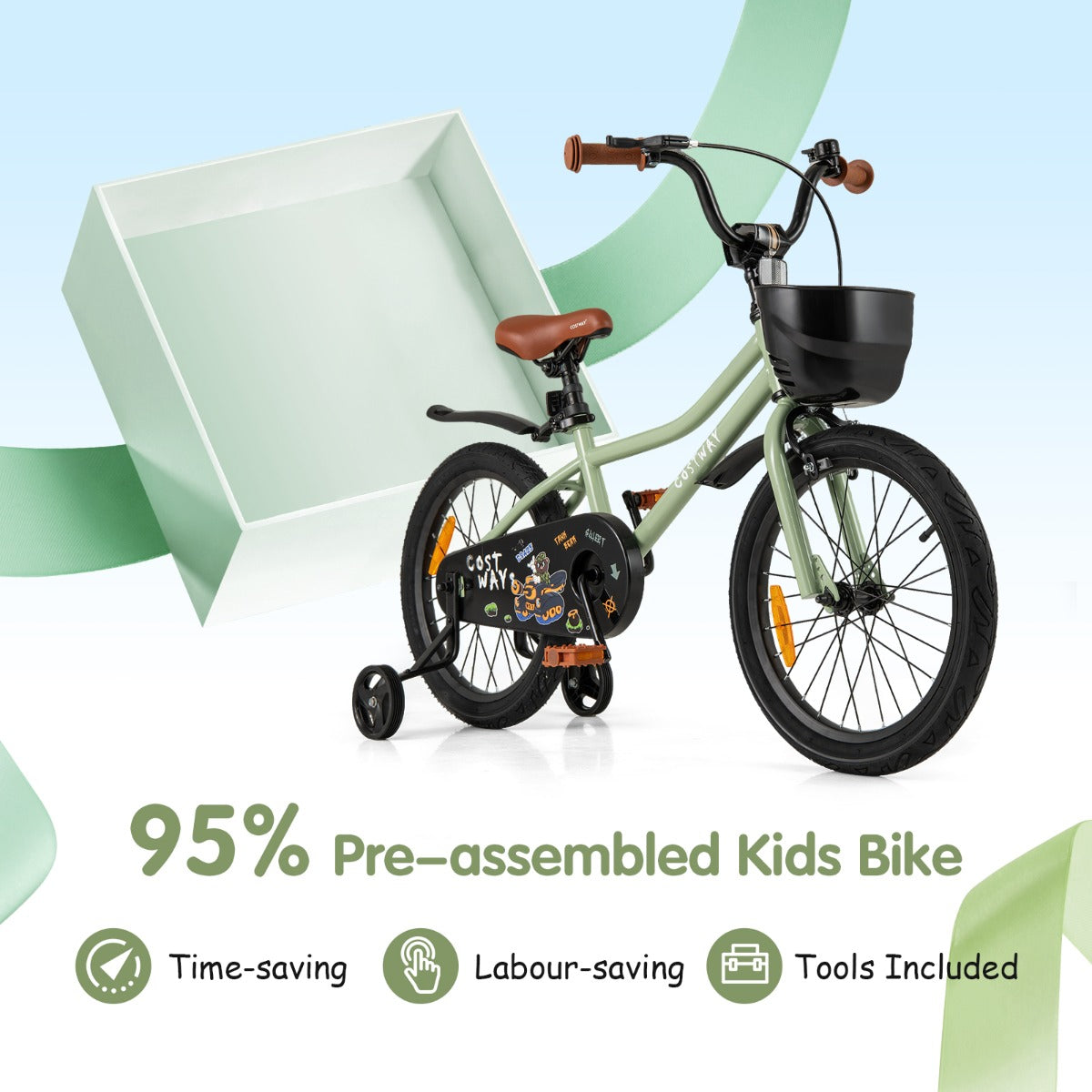 36 cm &amp; 40 cm &amp; 46 cm Adjustable Kids Bike with Training Wheels-Green-18 inches