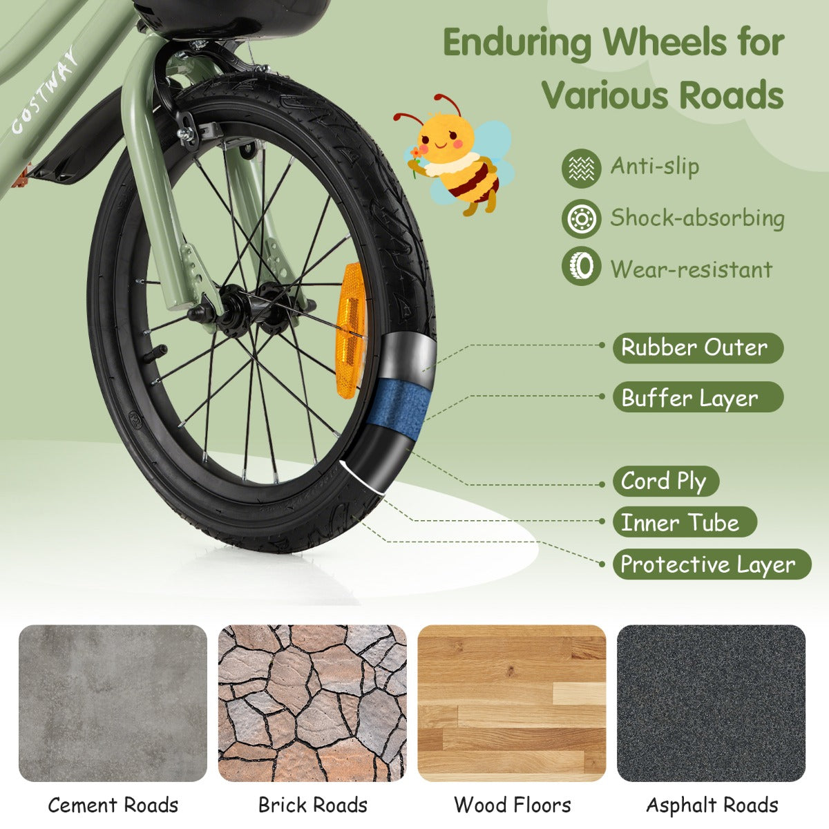 36 cm &amp; 40 cm &amp; 46 cm Adjustable Kids Bike with Training Wheels-Green-18 inches