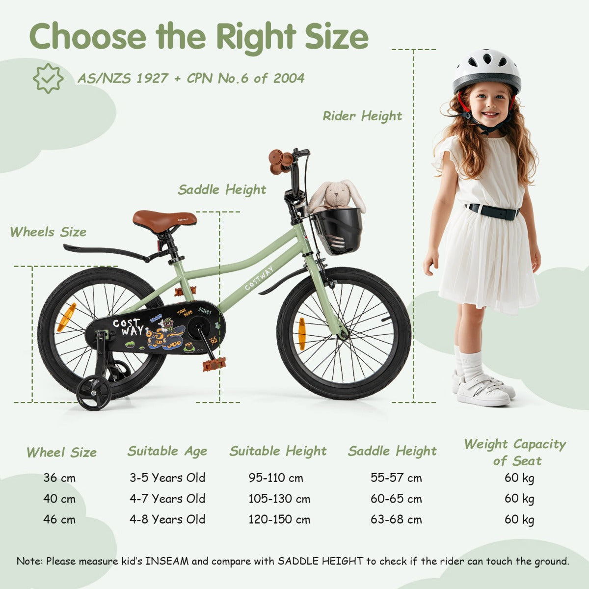 36 cm &amp; 40 cm &amp; 46 cm Adjustable Kids Bike with Training Wheels-Green-18 inches