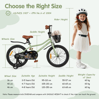 36 cm &amp; 40 cm &amp; 46 cm Adjustable Kids Bike with Training Wheels-Green-18 inches