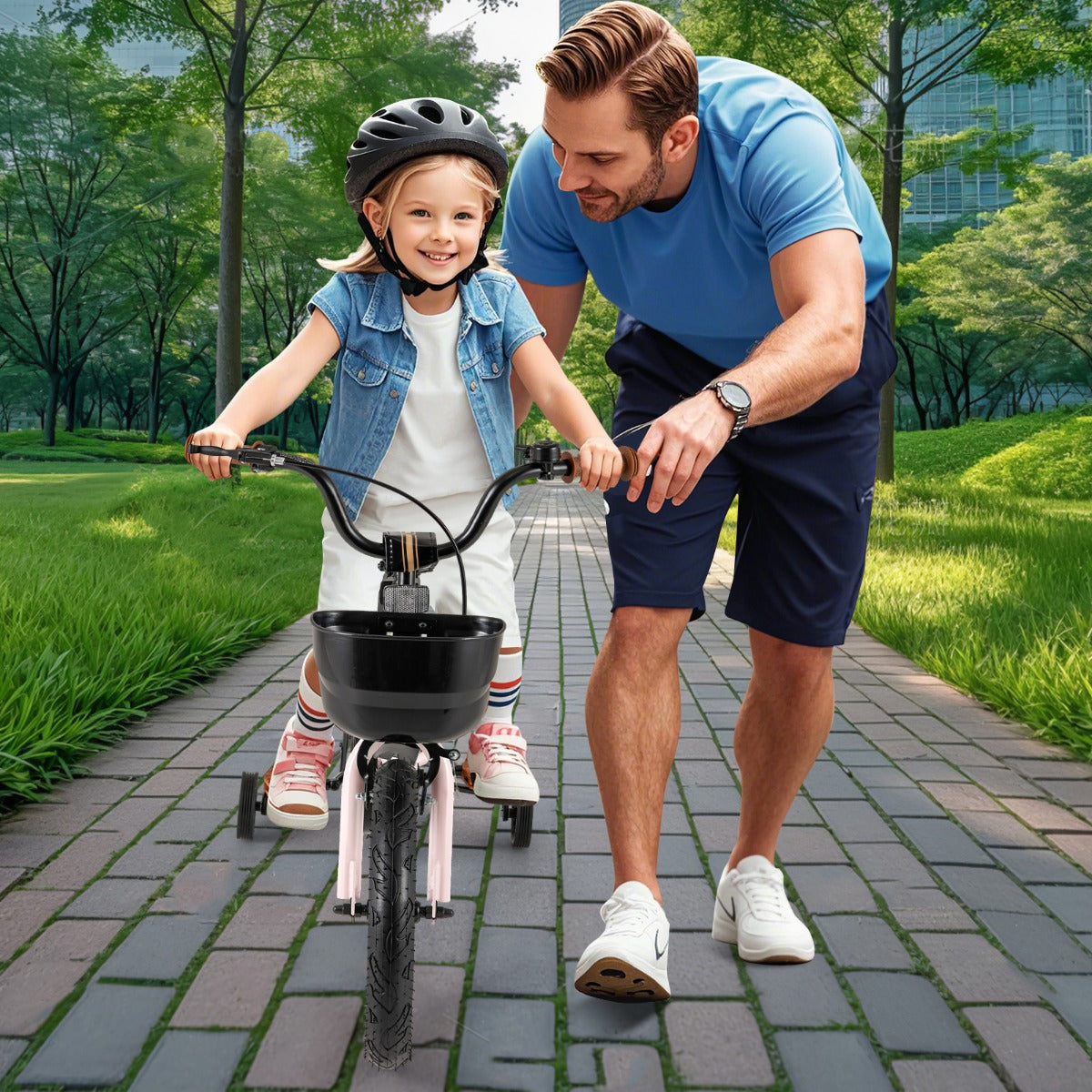 Adjustable Kids Bike with Training Wheels-Pink-14 inches