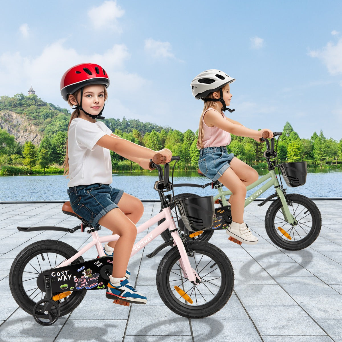 Adjustable Kids Bike with Training Wheels-Pink-14 inches